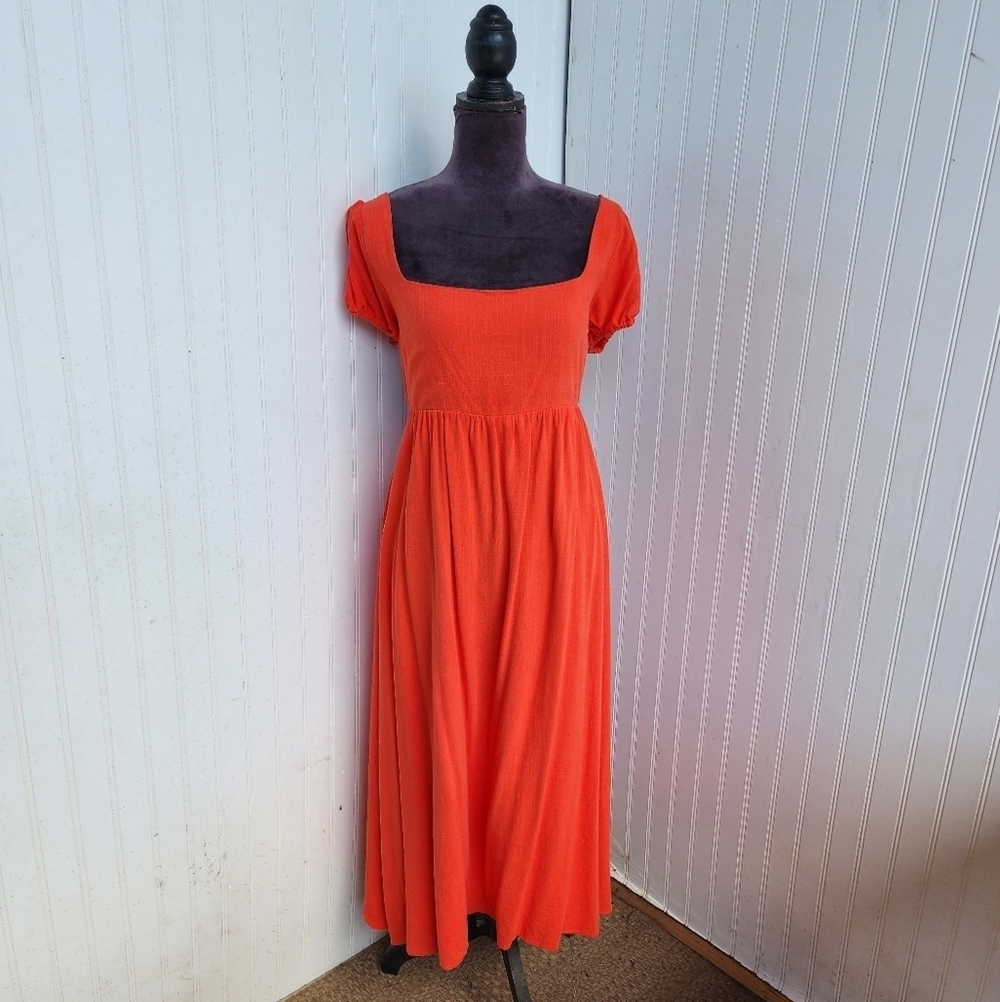 Endless Blu Jodi Open Back Tie Midi Dress Orange Linen Cotton Puff Sleeve Sz  L